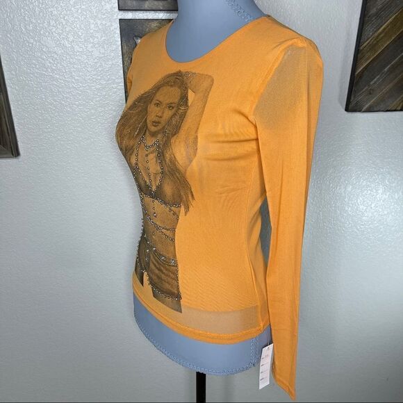 Long Sleeve Orange Mesh Embellished Top - Picture 10 of 15